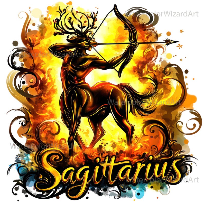May include: A watercolour illustration of the astrological sign Sagittarius, depicted as a centaur with a bow and arrow, set against a fiery orange and yellow background.