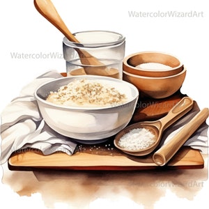 May include: A watercolor painting of a wooden cutting board with a white bowl of brown sugar, a small wooden bowl with white sugar, a glass jar, and two wooden spoons.