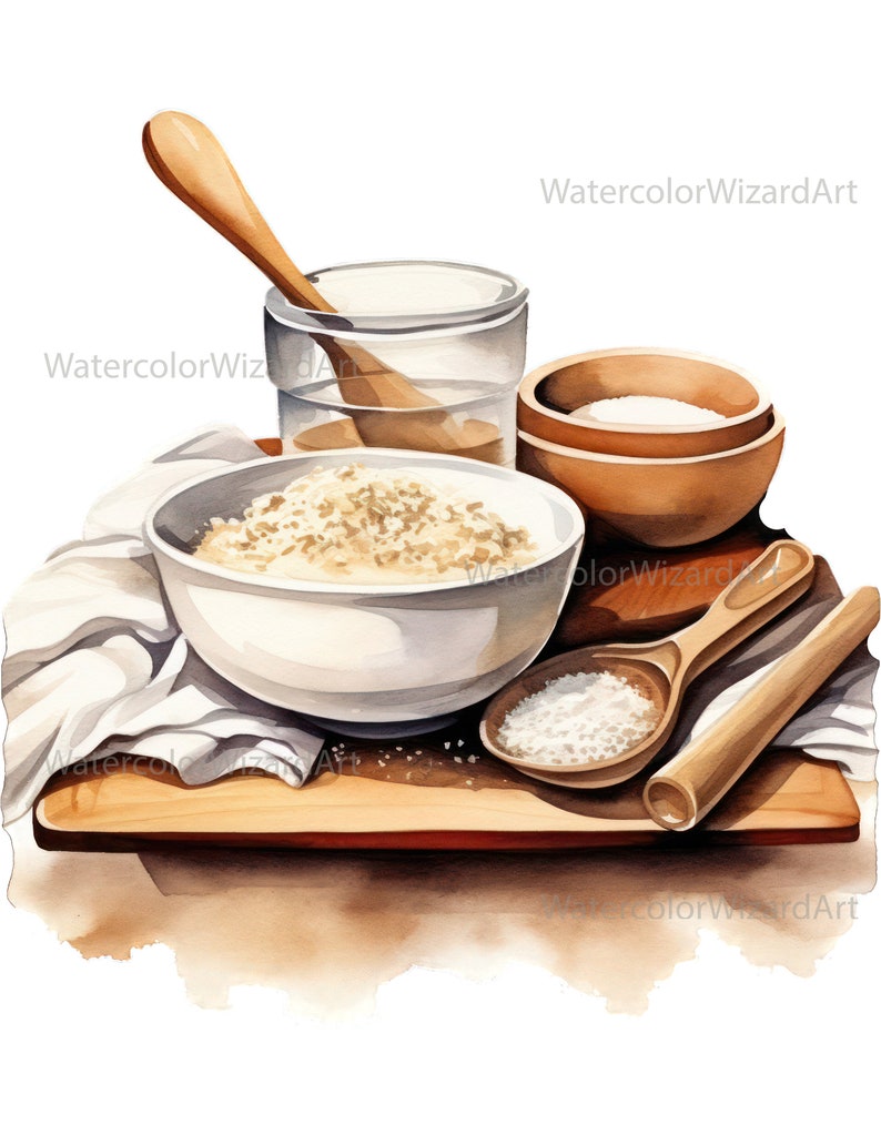 May include: A watercolor painting of a wooden cutting board with a white bowl of brown sugar, a small wooden bowl with white sugar, a glass jar, and two wooden spoons.