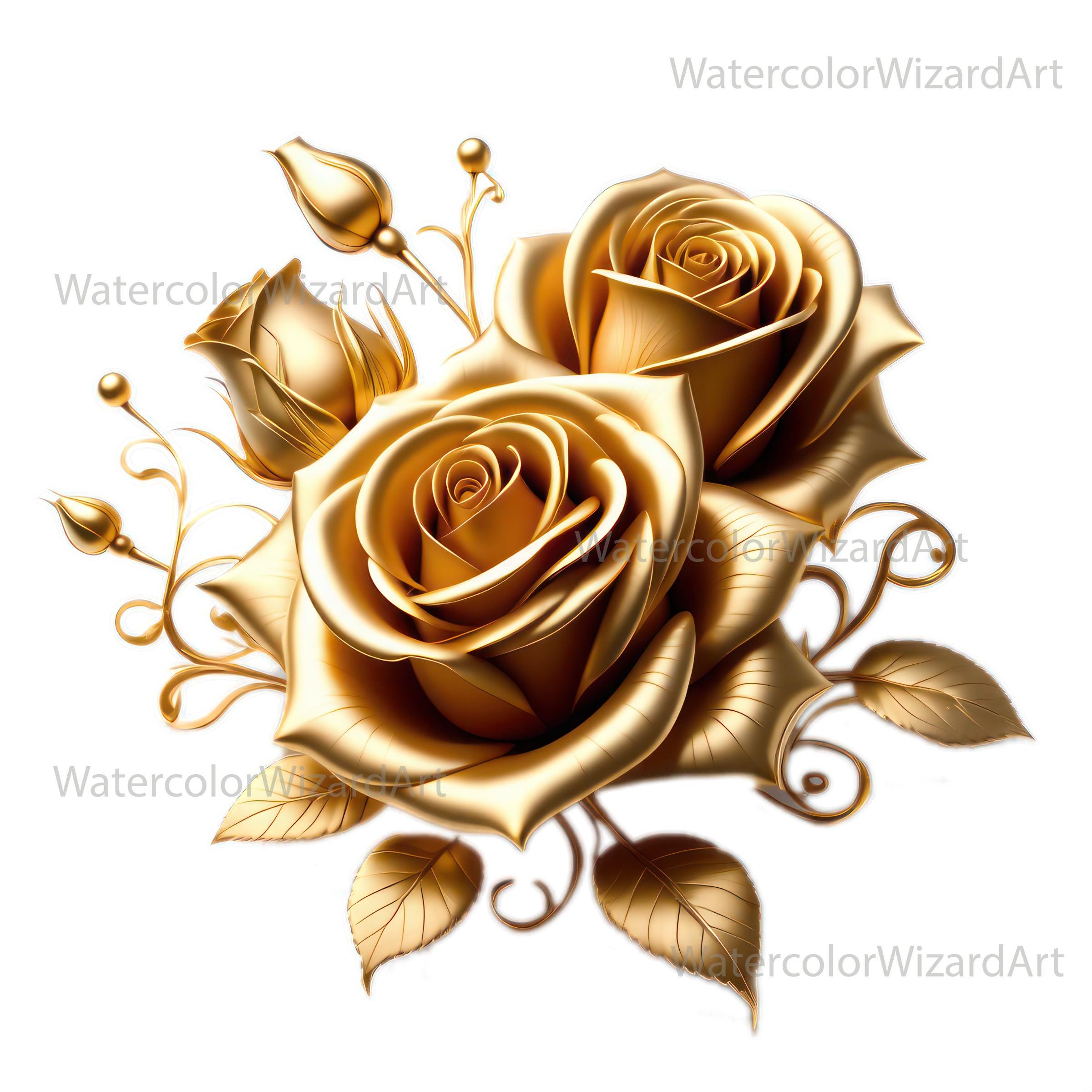 Three Gold Roses Watercolor Printable Gold Roses Clipart, Floral PNG (digital Download ...