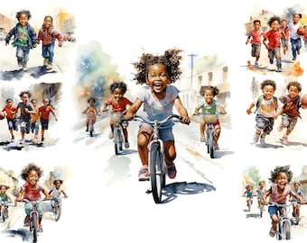 Puede incluir: Una pintura de acuarela de niños jugando en una calle de la ciudad. Los niños están montando en bicicleta, jugando al baloncesto y corriendo. La pintura está hecha en un estilo brillante y alegre.