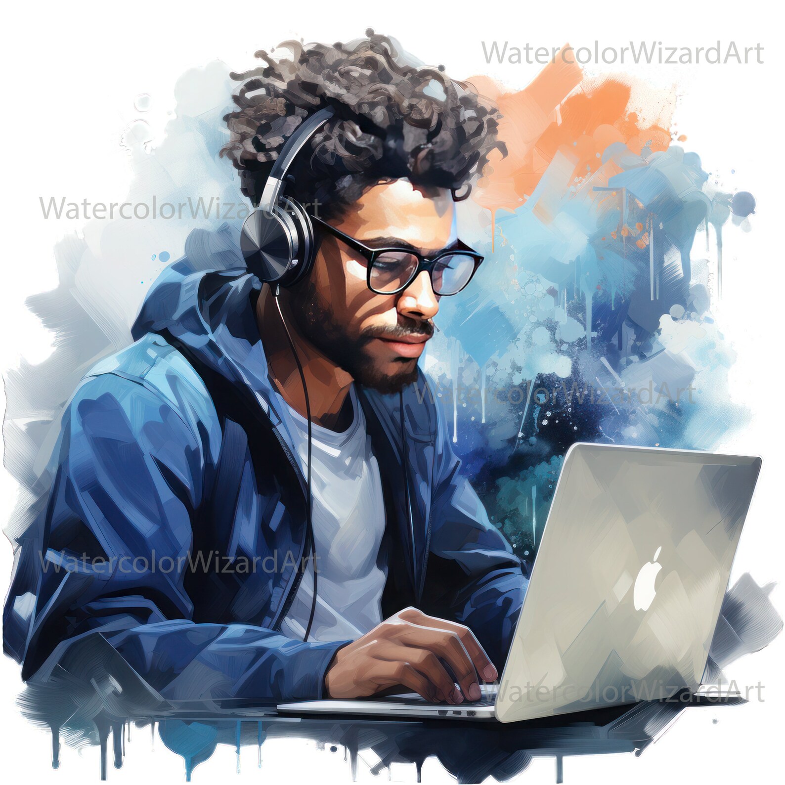 Watercolour Black Man With Laptop Clipart, African American Man Writer ...