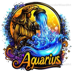 May include: A colourful illustration of the astrological sign Aquarius. The image features a person pouring water from a pitcher, surrounded by blue waves and stars. The word "Aquarius" is written in a stylised font.
