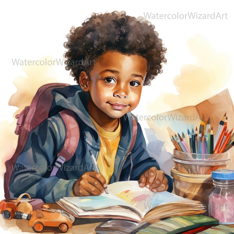 Watercolour Happy African American School Boy Clipart, Black Children ...
