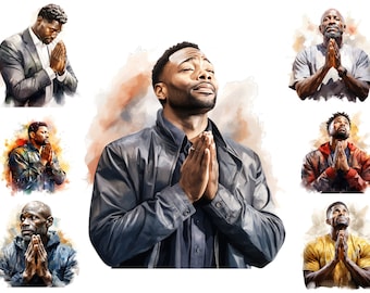 Watercolour Black Man Praying, African American Man Praying Clipart, Meditation Png,  Full Commercial Use