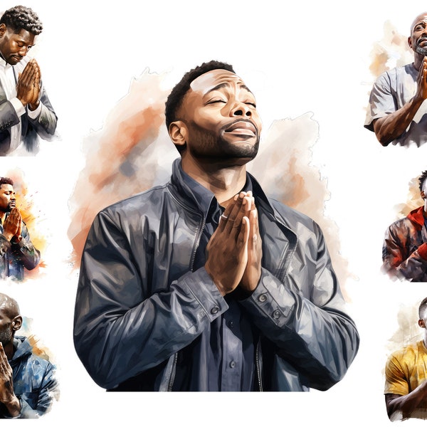 Watercolour Black Man Praying, African American Man Praying Clipart, Meditation Png,  Full Commercial Use