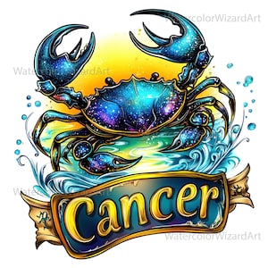 May include: A blue and purple crab with a galaxy pattern, sitting in a blue and green water design. The crab is surrounded by a gold banner with the word "Cancer" in a blue and gold font.