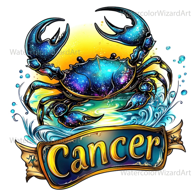 May include: A blue and purple crab with a galaxy pattern, sitting in a blue and green water design. The crab is surrounded by a gold banner with the word "Cancer" in a blue and gold font.