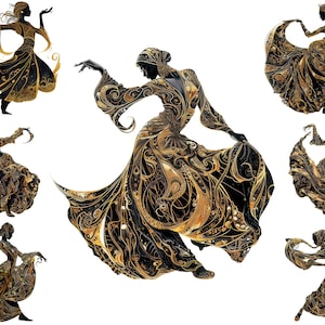 Black Girl Dancing Clipart, Gold Black Silhouette Of Woman Dancer Png, Afro Woman Dance  Png,  Full Commercial Use