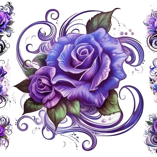 Watercolour Purple Roses Clipart, Purple Roses Png, Purple Flowers Clipart, Full Commercial Use, Fine Line Art, Sublimation