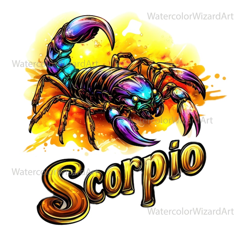 May include: A colourful illustration of a scorpion with a watercolour background. The scorpion is purple, blue, and gold. The word "Scorpio" is written in gold letters below the scorpion.