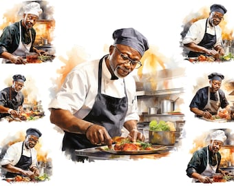 Watercolour Black Man Chef Clipart, African American Chef Png,  Cooking Job Clipart,  Full Commercial Use, Restaurant Kitchen Png