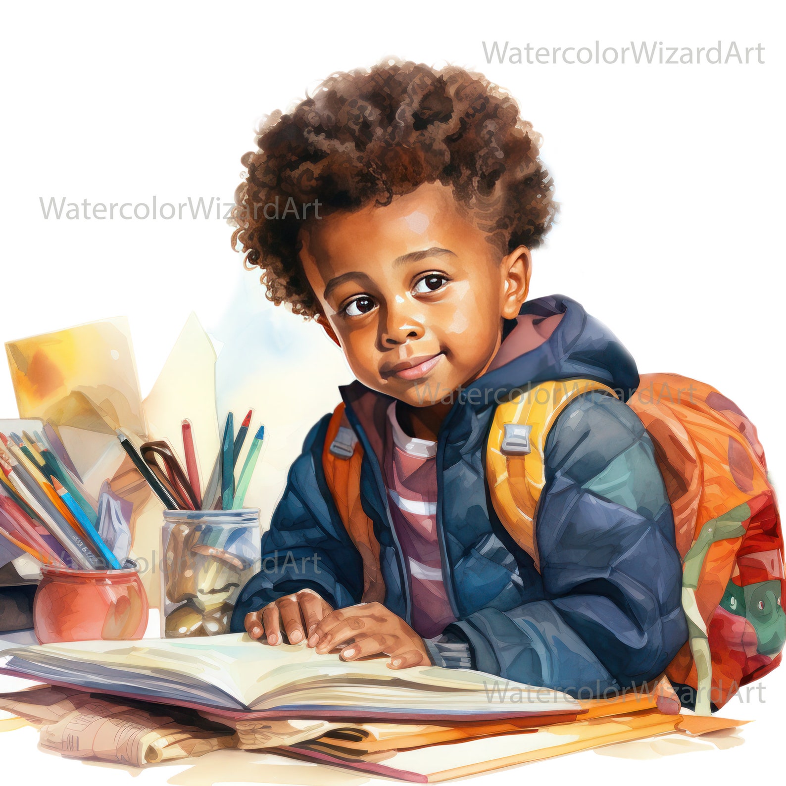 Watercolour Happy African American School Boy Clipart, Black Children ...