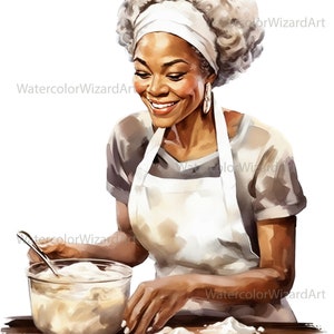 May include: A woman wearing a white apron and a white headband smiles as she mixes batter in a glass bowl.  She is surrounded by white flour on a wooden table.