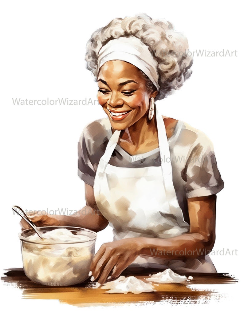 May include: A woman wearing a white apron and a white headband smiles as she mixes batter in a glass bowl.  She is surrounded by white flour on a wooden table.