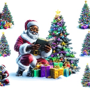 Watercolour Vintage Black Santa Claus Clipart, African American Santa Claus Png, Christmas Tree,  Full Commercial Use, Sublimation
