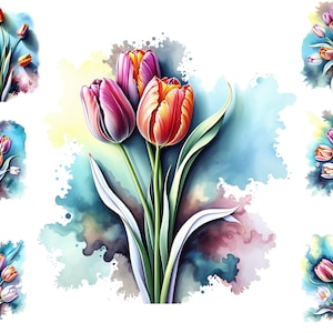 Watercolour Spring  Flowers Clipart, Tulip Bouquet Png, Springtime Clipart, Printable Tulips, Floral Clipart