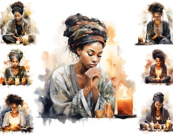 Watercolour Black Woman Praying, African American Woman Praying Clipart, Meditation Png,  Full Commercial Use