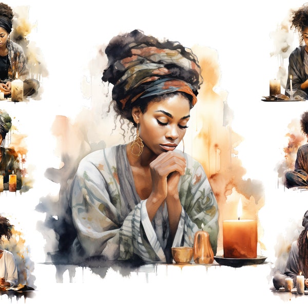 Watercolour Black Woman Praying, African American Woman Praying Clipart, Meditation Png,  Full Commercial Use