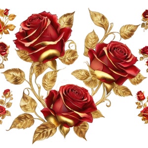 Watercolour Red Gold Roses Clipart, Cute Red Gold Roses Png, Flowers Clipart,  Full Commercial Use, Fine Line Art