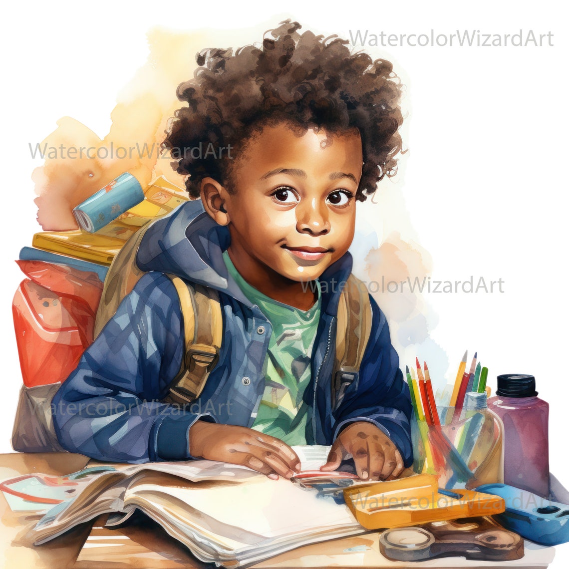 Watercolour Happy African American School Boy Clipart, Black Children ...