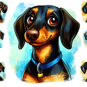 7 Aquarell Dackel Hunde Clipart, lustige Hunde Png, süßer Dackel Hund, kommerzielle Nutzung. Sublimations-Hundeporträt