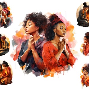 Watercolour Black Women Group Praying, African American Women Praying Clipart, Sublimation Png,  Full Commercial Use