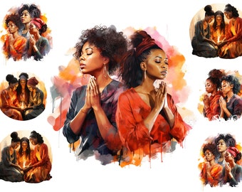 Watercolour Black Women Group Praying, African American Women Praying Clipart, Sublimation Png,  Full Commercial Use