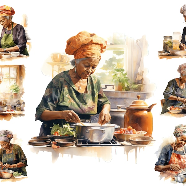 Watercolour Black Elderly Woman Culinary Clipart, Grandmother Cooking Png,  Cooking Job Clipart,  Full Commercial Use, Granny  Kitchen Png