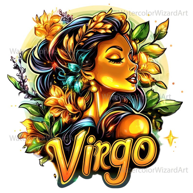 May include: A colourful illustration of the astrological sign Virgo. The image features a woman with long, flowing hair adorned with flowers and a golden crown. The word "Virgo" is written in large, bold letters below the woman.
