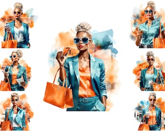 Aquarel Afro-Amerikaans winkelend meisje clipart, zwarte vrouw winkelen png, glamour mode meisje