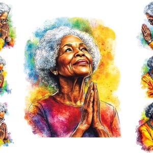Watercolour Elderly Black Woman Praying, African American Woman Praying Clipart, Sublimation Png,  Full Commercial Use