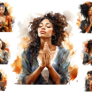Watercolour Black Woman Praying, African American Woman Praying Clipart, Sublimation Png,  Full Commercial Use