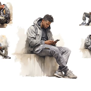 Watercolour Black Man Clipart, African American Man With His Phone Png,  Full Commercial Use, Sublimation