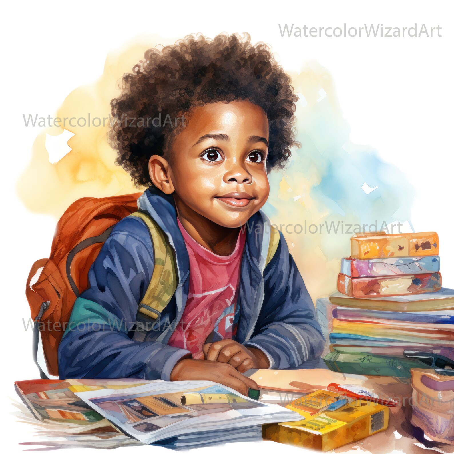 Watercolour Happy African American School Boy Clipart, Black Children ...