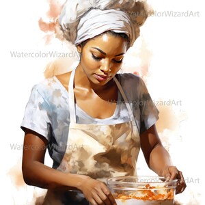 May include: A woman wearing a white chef's hat and a white apron is mixing ingredients in a glass bowl. The bowl is filled with a white batter and orange-colored ingredients. The woman's hands are visible in the image.