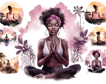 Watercolor Black Girl Yoga Clipart PNG ,Meditation Clipart Mystical Clipart, Full Commercial Use