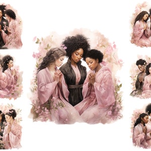Watercolour Black Women Group Praying, African American Women Praying Clipart, Sublimation Png,  Full Commercial Use