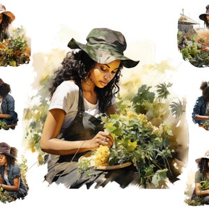 Watercolour Black Girl Gardening Png, African American Woman Gardener Clipart, Sublimation Png,  Full Commercial Use