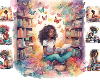 Watercolor Bookworm Black Girl Clipart,Girl Books Clipart, Book Lover PNG, Student Clipart, Reading Png, Full Commercial Use