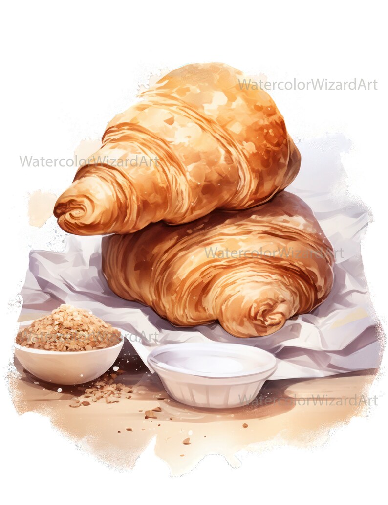 May include: Two golden brown croissants stacked on top of each other on a white parchment paper. A small white bowl filled with brown sugar is in the foreground.