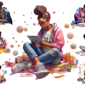 Watercolour Black Girl Reading Clipart, Girl Studying Clipart, Book Lover PNG, Student Clipart, Reading Png,Bookworm,  Full Commercial Use