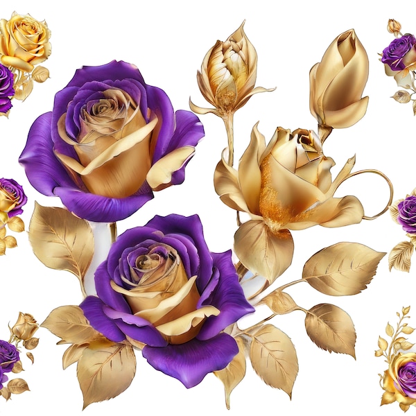 Watercolour Gold Purpl Roses Clipart,  Purple Gold Roses Png, Flowers Clipart, Full Commercial Use, Fine Line Art