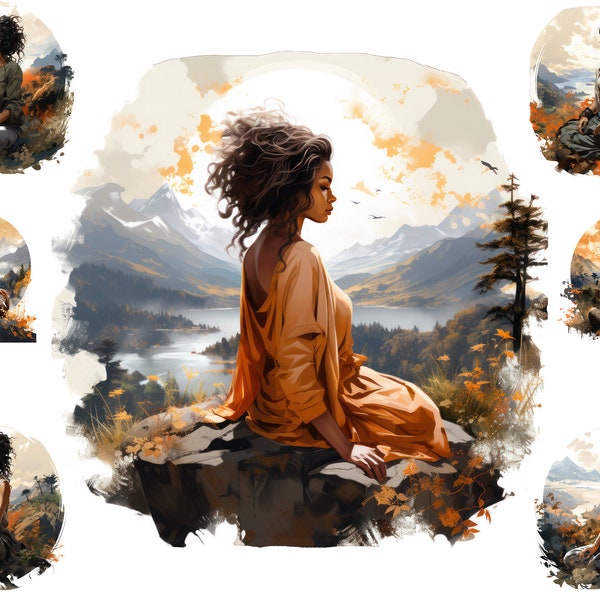 Watercolor Black Girl Yoga Clipart PNG ,Meditation Clipart, Full Commercial Use