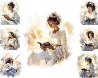 Watercolour Black Woman Bible Study Clipart, African American Woman Reading Bible Png , Christian Png,  Full Commercial Use
