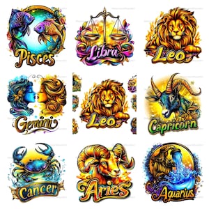 May include: A colourful illustration of the 12 zodiac signs. Each sign is depicted with its corresponding symbol and a vibrant background. The signs include Pisces, Libra, Leo, Gemini, Capricorn, Cancer, Aries, and Aquarius.