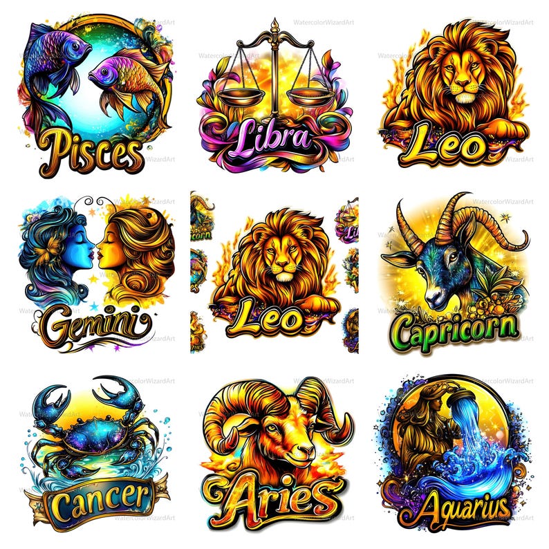 May include: A colourful illustration of the 12 zodiac signs. Each sign is depicted with its corresponding symbol and a vibrant background. The signs include Pisces, Libra, Leo, Gemini, Capricorn, Cancer, Aries, and Aquarius.