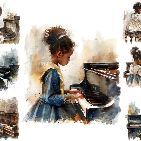 Watercolour Black Little Lady Pianist Clipart, Woman Musician Png, Female Pianist Png, Sublimation ,  Full Commercial Use