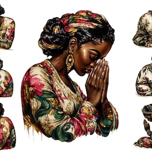Watercolour Black Woman Praying, African American Woman Praying Clipart, Meditation Png, Religious Clipart, Christian Clipart