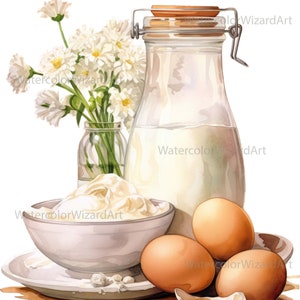 May include: A still life featuring a glass jar of milk, a bowl of whipped cream, three brown eggs, and a bouquet of white daisies in a glass vase. The items are arranged on a wooden surface.